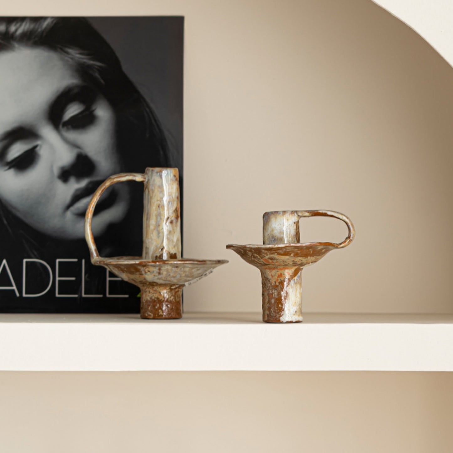 Rustic Glazed Handled Ceramic Taper Candle Holder