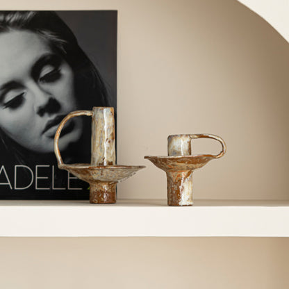 Rustic Glazed Handled Ceramic Taper Candle Holder