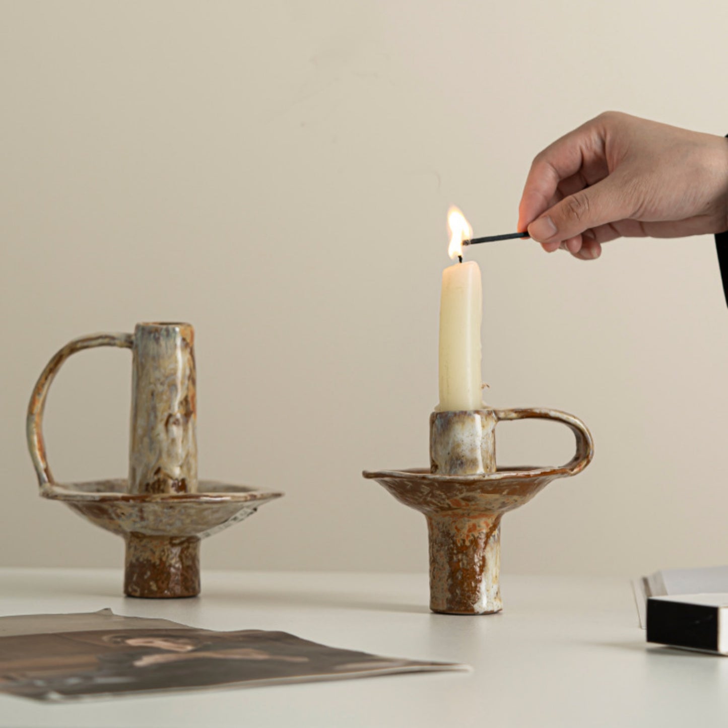 Rustic Glazed Handled Ceramic Taper Candle Holder