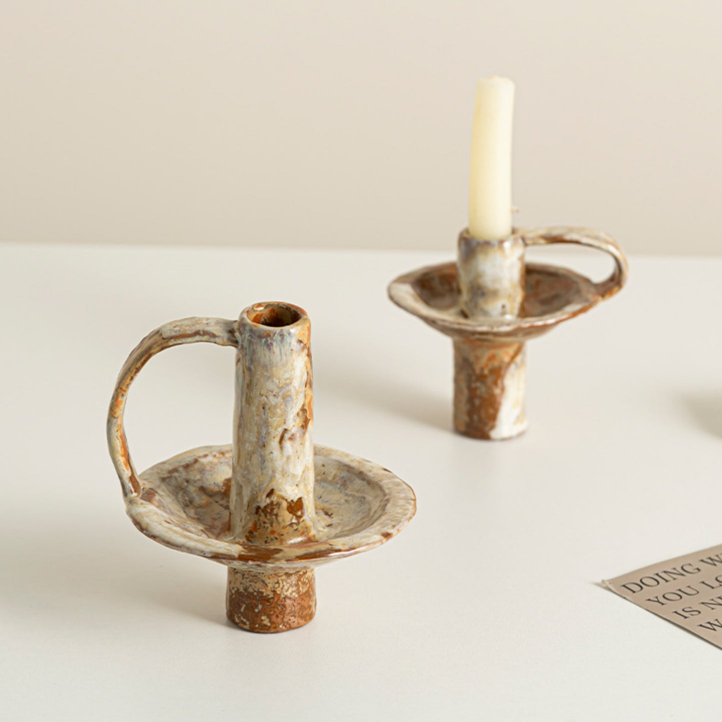 Rustic Glazed Handled Ceramic Taper Candle Holder