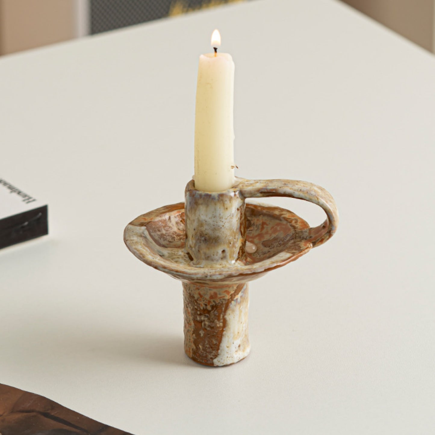 Rustic Glazed Handled Ceramic Taper Candle Holder